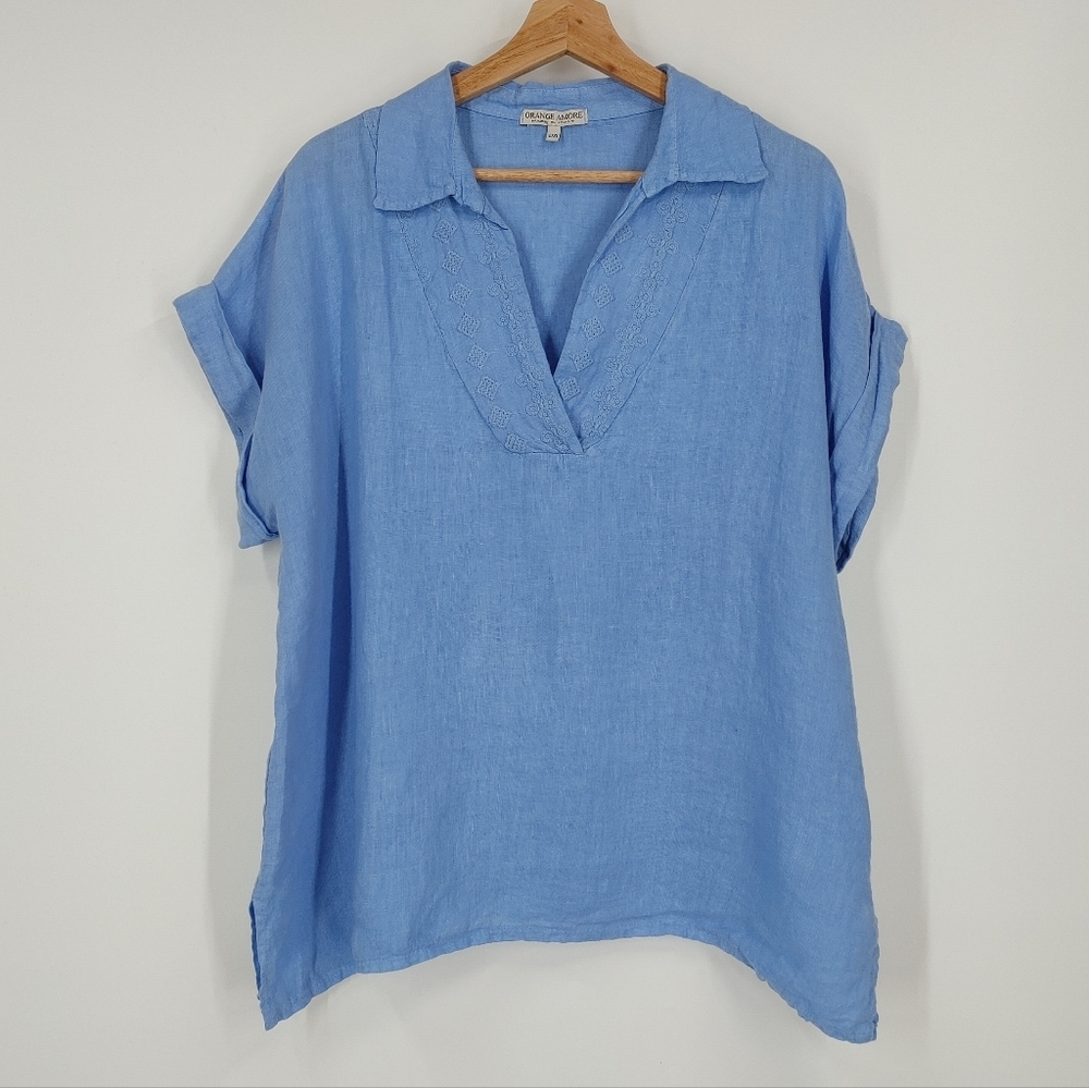 Orange Amore Embroidered Linen V Neck Top